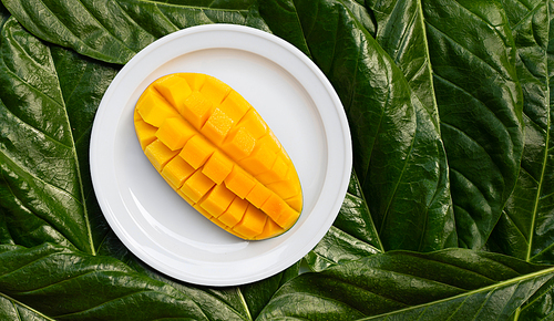 Mango on white ceramic plate on leaves background. Top view