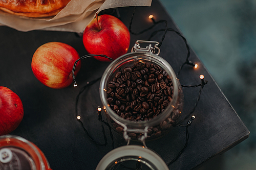 A jar of fragrant black coffee, food photo.