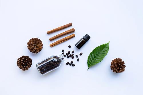 Glass bottle of coffee essential oil  and cinnamon on white background