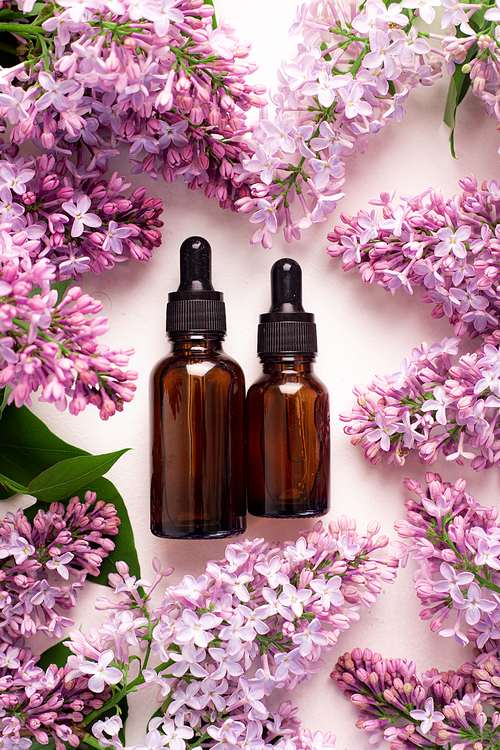 A bottle for cosmetic oil and lilac branches . Cosmetology. Cosmetic oil for the skin. An article about skin care. Lilac branch