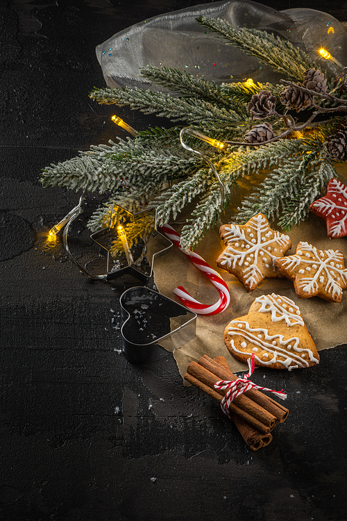 Baked Christmas cookies on rustic dark background.