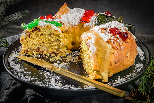 Bolo do Rei or King's Cake, Made for Christmas, Carnavale or Mardi Gras on kitcthen countertop.