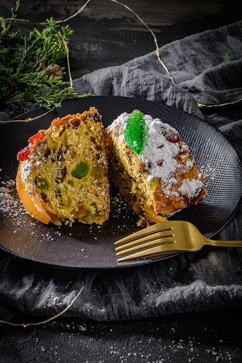 Bolo do Rei or King's Cake, Made for Christmas, Carnavale or Mardi Gras on kitcthen countertop.