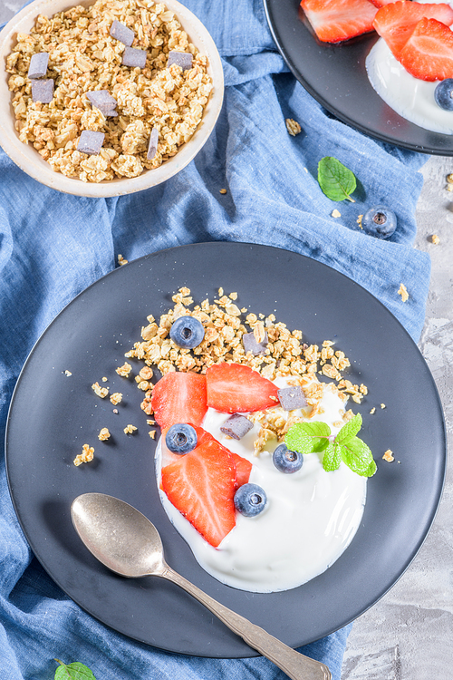 Ripe blueberries and strawberries with yogurt and granola in plate on a light grey background. Healthy Eating.