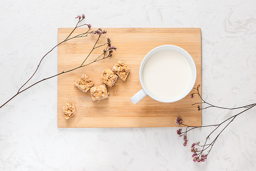 Dairy products. A cup of milk serve with almond candies on a rustic wooden table.