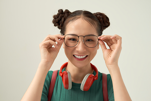 Portrait of her she nice cute sweet lovely attractive cheerful cheery  touching fixing glasses isolated over white