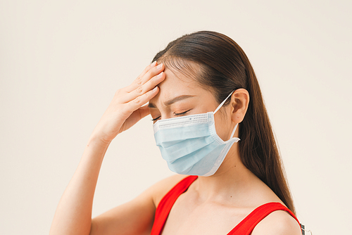 Asian women wear masks to protect disease and the headache from a virus on white background.