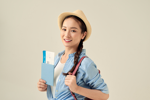 woman tourist traveler holding passport excited for travel