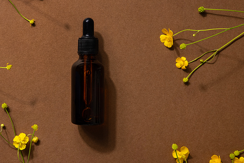 Brown glass bottle of cosmetic product or oil on stone and yellow wildflower on beige brown paper background. Natura Spa Cosmetic Beauty concept with hard shadows