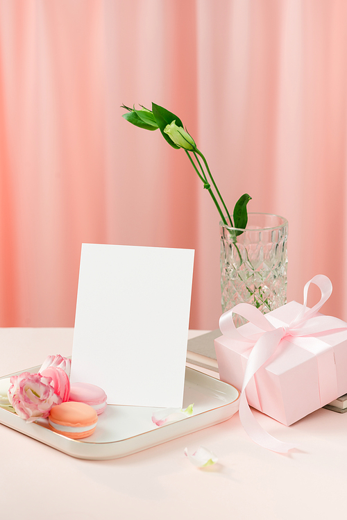 Anniversary, mother's day or women day holiday concept with cake and gift