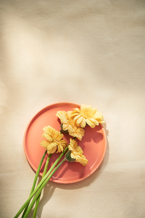 Flowers on the plate with yellow background