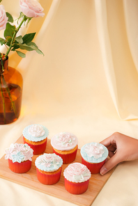Female hands cut the delicious cupcakes on table