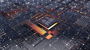 Abstract Central Computer Processors Concept. 3D illustration. Conceptual CPU on circuit board - PCB