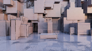Abstract Empty Background of Aged Metal Cubes, 3d rendering