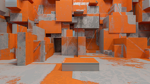 Abstract Empty Background of Orange Aged Metal Cubes, 3d rendering