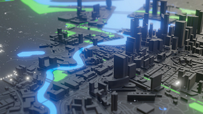 Abstract neon glowing Smart city with buildings and streets. 3d illustration. Night futuristic city