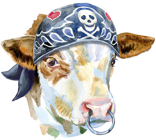 Bull watercolor graphics. Bull in biker bandana animal illustration. Watercolor textured background.
