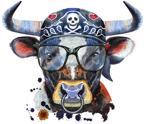 Bull with white spot in biker bandana and glasses. Watercolor graphics. Bull animal illustration with splashes watercolor textured background.