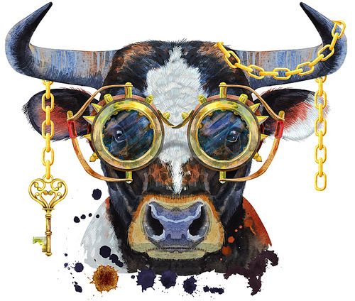 Bull with white spot with steampunk glasses. Watercolor graphics. Bull animal illustration with splashes watercolor textured background.