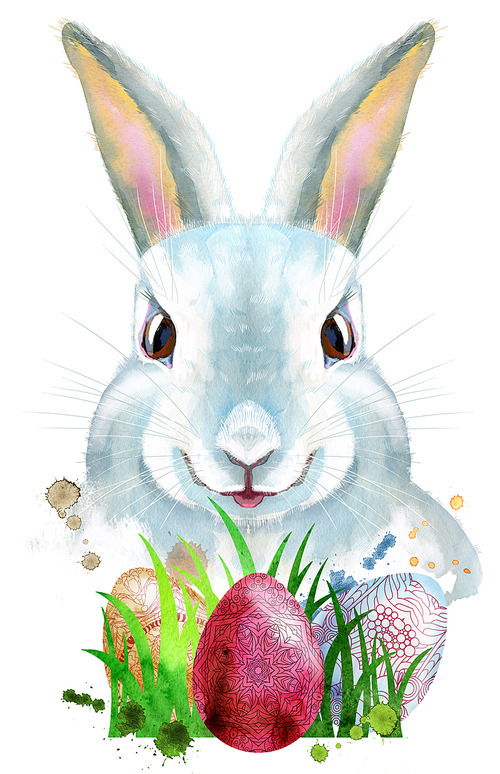 Cute white rabbit on white background with eggs and grass, isolated