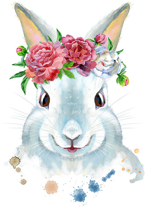 Cute white rabbit with flowers on white background.