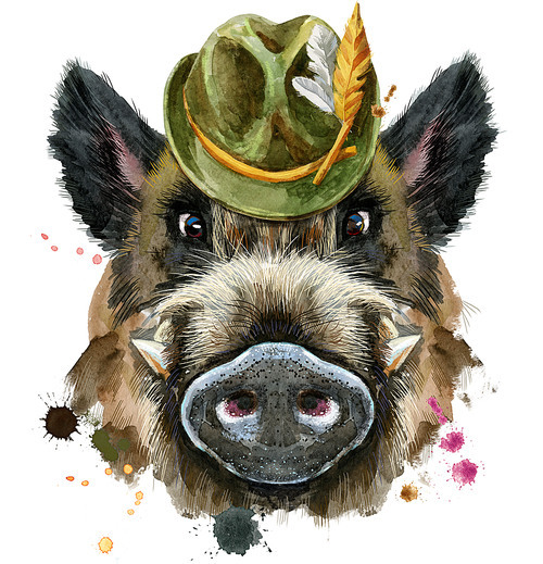 Cute piggy green hat. Wild boar for T-shirt graphics. Watercolor brown boar illustration