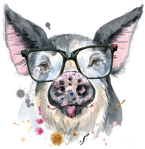 Cute piggy. Pig with glasses for T-shirt graphics. Watercolor pig in black spots illustration