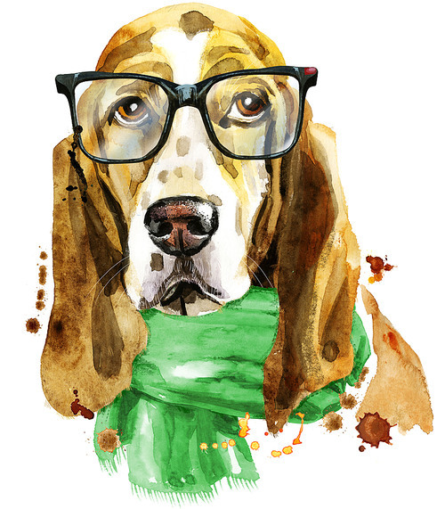 Cute Dog with glasses and green scarf. Dog T-shirt graphics. watercolor basset hound