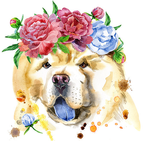 Cute Dog in a wreath of peonies. Dog T-shirt graphics. watercolor chow-chow dog illustration
