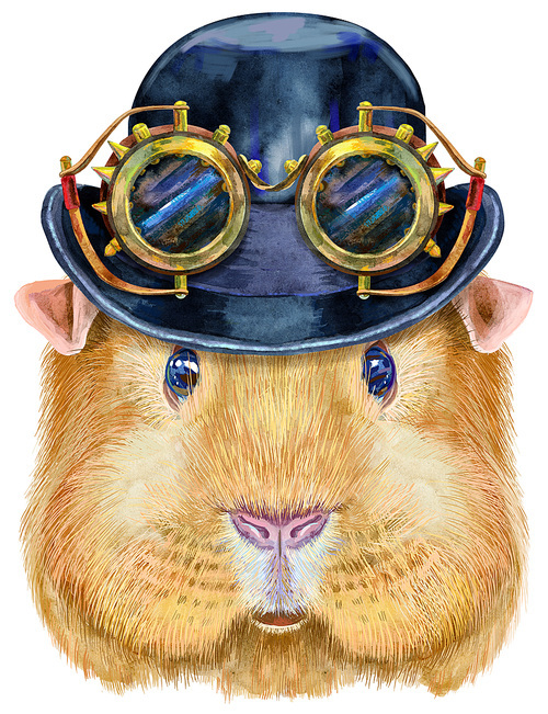 Guinea pig with hat bowler and steampunk glasses. Pig for T-shirt graphics. Watercolor Self guinea pig illustration