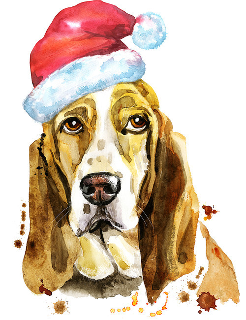 Cute Dog. Dog T-shirt graphics. watercolor basset hound with Santa hat and a red scarf