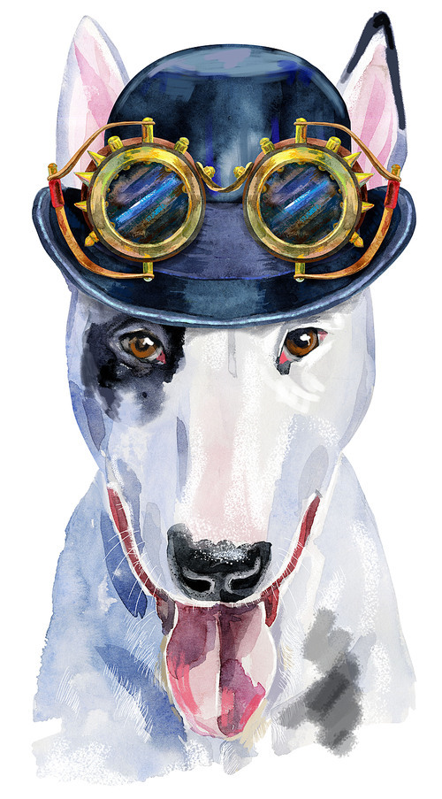 Cute Dog. Dog for T-shirt graphics. watercolor bull terrier illustration with hat bowler and steampunk glasses