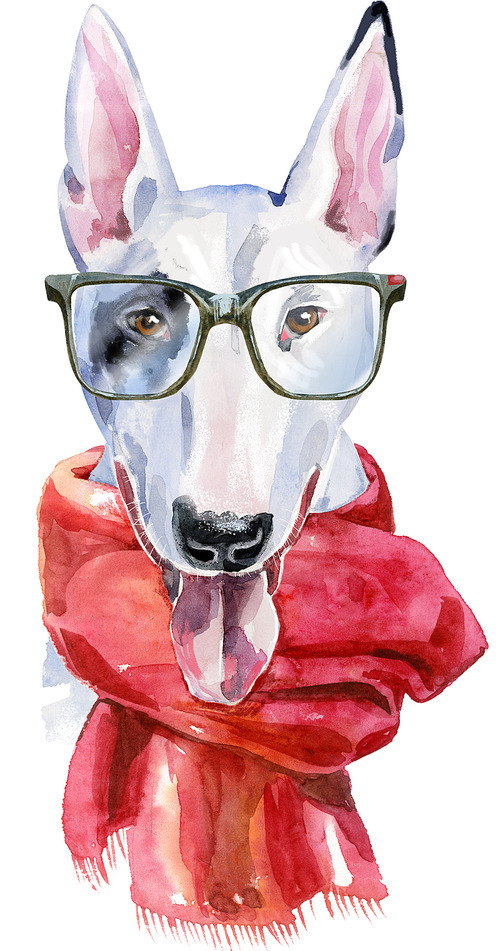 Cute Dog. Dog for T-shirt graphics. watercolor bull terrier illustration with glasses and a red scarf