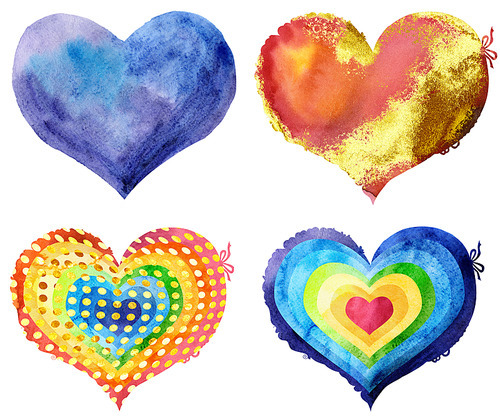 Set of watercolor hearts with light and shade, painted by hand