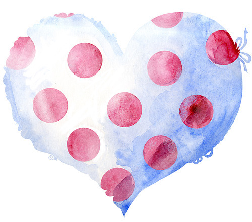 Watercolor white heart with pink polka dots with a lace edge on a white background.
