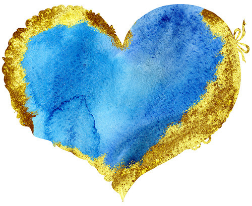 watercolor blue heart with gold strokes, painted by hand