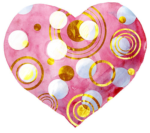 Watercolor pink heart with polka dots and gold strokes on a white background.