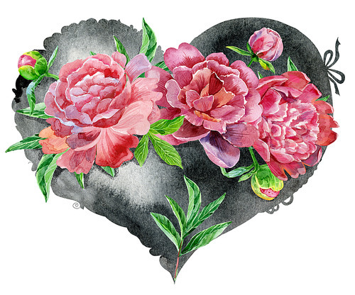 watercolor black heart with red peonies, painted by hand