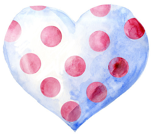 Watercolor white heart with pink polka dots on a white background.