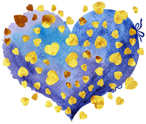 Watercolor heart with gold dots, painted by hand