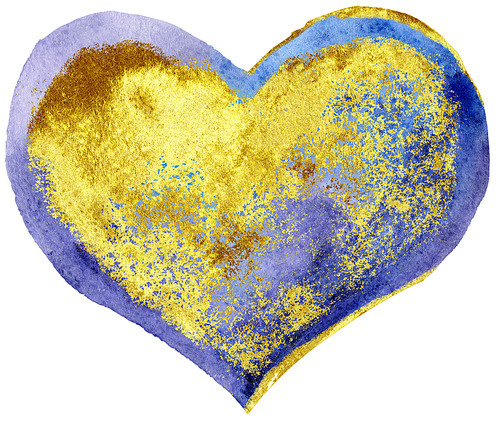 Watercolor heart with gold strokes, painted by hand