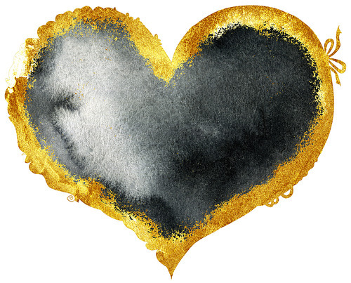 Watercolor black heart with gold strokes, painted by hand