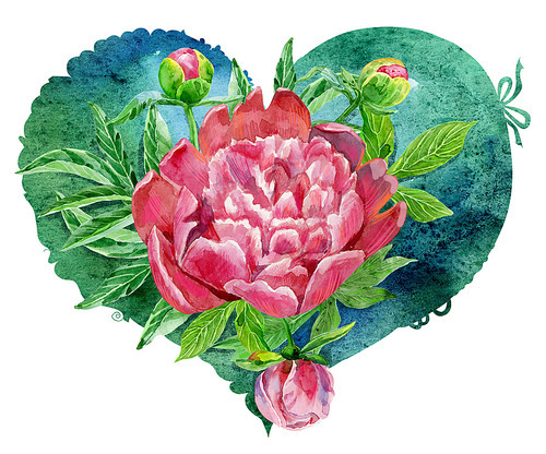 watercolor green heart with pink peonies, painted by hand