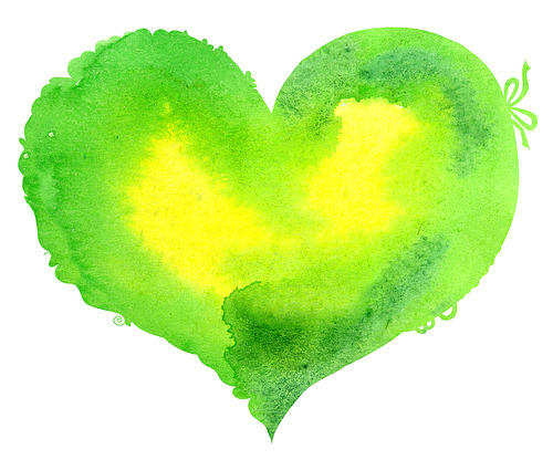watercolor light green heart with light and shade, painted by hand