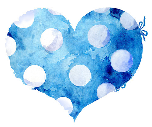 watercolor blue heart with with polka dots, painted by hand