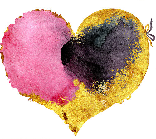 Watercolor pink and black heart with a lace edge with gold