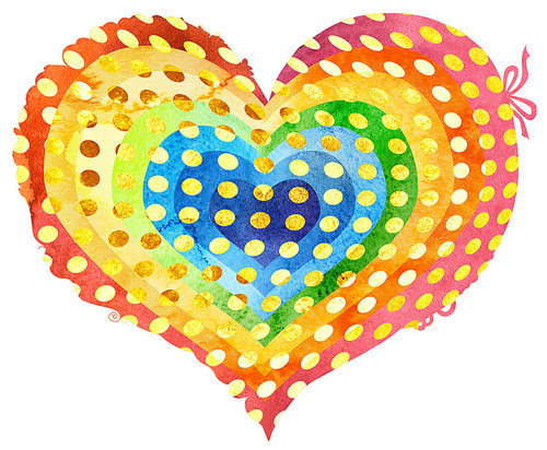 Rainbow heart in watercolor painting with gold dots, on a white background