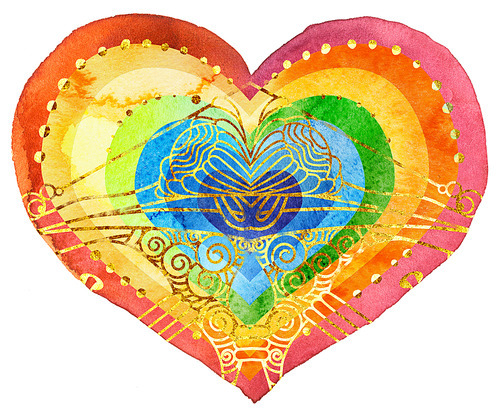 Rainbow heart with gold pattern in watercolor painting, on a white background