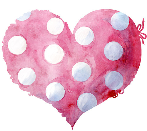 Watercolor pink heart with polka dots with a lace edge on a white background.