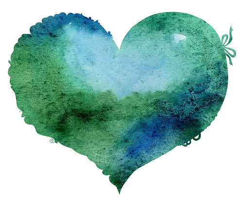 watercolor dark green heart with light and shade, painted by hand